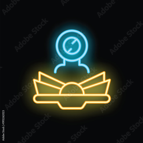 Neon sign representing concept of information overload with person closing book and stop sign in mind