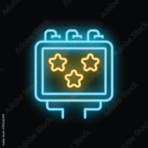 Blue and yellow neon sign showing three stars, indicating a positive customer satisfaction rating