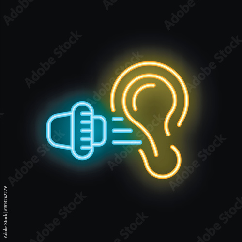 Neon sign illustrating the concept of hearing loss treatment with a hearing aid transmitting sound waves to an ear