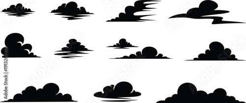 Black Cloud Silhouettes Collection Featuring Detailed Storm Fluffy and Stylized Weather Elements Isolated on White Background for Atmospheric Graphic Design and Vector Art Projects