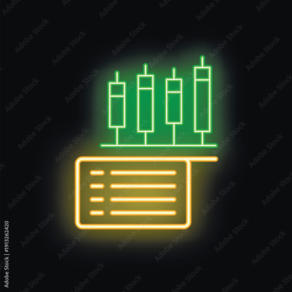 Fototapeta premium Glowing neon icon representing financial analytics, featuring a candlestick chart above a report, symbolizing market analysis and data interpretation
