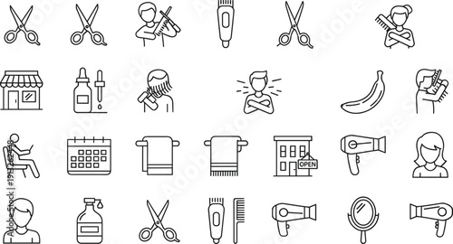 barber, haircut, salon, scissors, comb, trimmer, hairdryer, styling, beauty, grooming, hairstylist, shop, appointment, tools, fashion, care, professional, service, icon, illustration