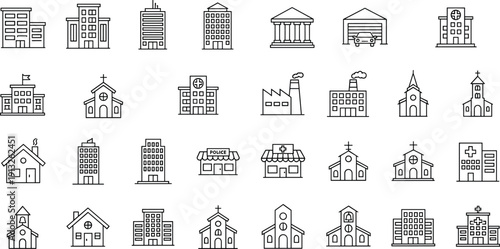 building, city, architecture, hospital, school, church, factory, house, bank, police, office, skyline, urban, structure, property, realestate, landmark, icon, illustration, vector