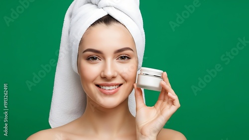 Young Woman with Towel on Head Holding Skincare Cream Jar Against Bright Green Background