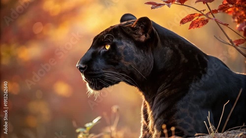 Black Panther Resting in Autumn Forest with Golden Sunlight and Red Leaves