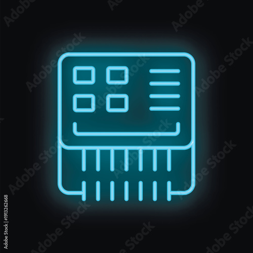 Blue neon sign depicting a paper shredder destroying a document, emphasizing information security and data protection