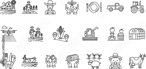 Agriculture farming icons set farmer tractor harvest livestock crops greenhouse flat vector illustration rural agriculture collection