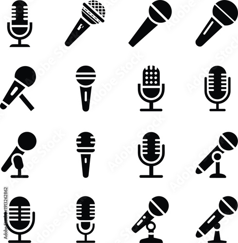 Extensive set of black and white microphone silhouettes for audio recording and live performance.