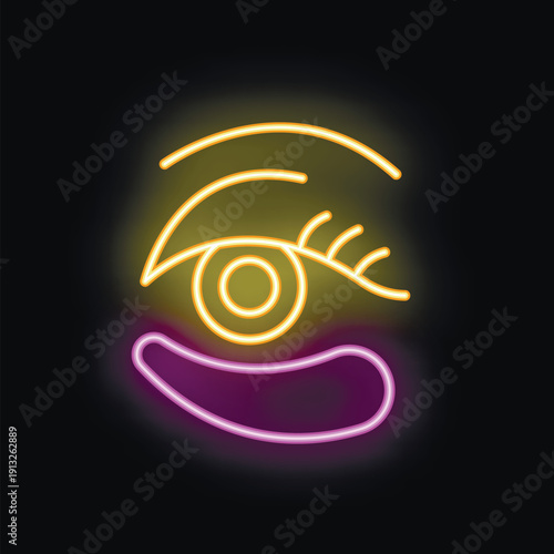 Neon sign illustrating an eye with purple lower eyelid, bringing a vibrant and colorful touch to any dark background