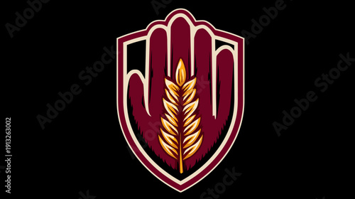 A stylized emblem, depicting a hand with an ear of wheat in the center, framed within a shield