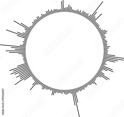 Vector circular sound wave pattern. Radial audio waveform illustration. Round equalizer with peaks.