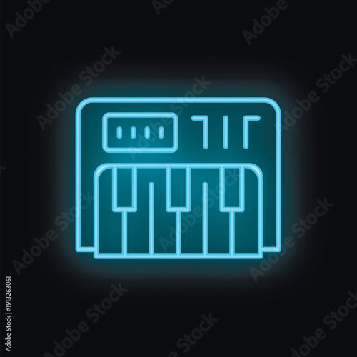 Blue glowing neon sign depicting an electronic piano keyboard music instrument against a black background