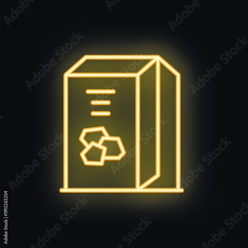 Bright yellow neon sign of a sugar pack glowing on a black background