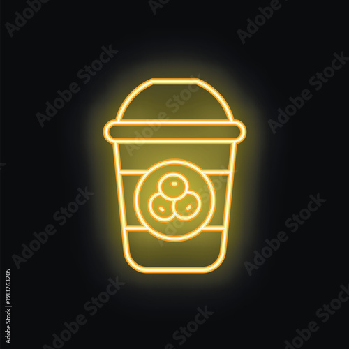 Yellow glowing neon sign representing a blueberry smoothie in a plastic cup with a dome lid on a black background