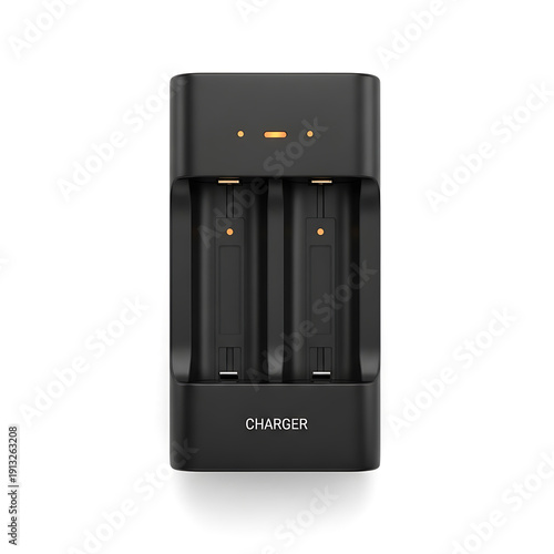Black battery charger for small cylindrical batteries with indicator lights