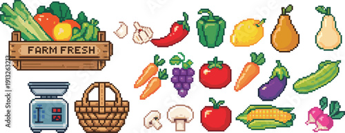 Pixel art farm fresh vegetables and fruits illustration set isolated on white background, retro 8 bit food icons collection for game, market, and UI design
