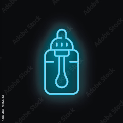 Neon blue icon of a baby bottle glowing on a black background