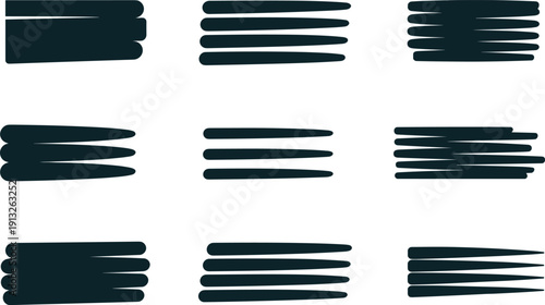 Nine distinct dark marker stroke elements and hand-drawn underline shapes, perfect for highlighting, redaction, or creating dynamic artistic design backgrounds on a clean white canvas.
