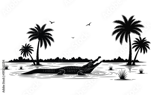 Silhouette of a crocodile in a tropical swamp with palm trees and birds