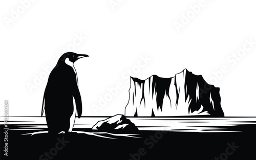 A silhouette of a penguin standing on a rock near icebergs in the ocean looking out at a frozen landscape