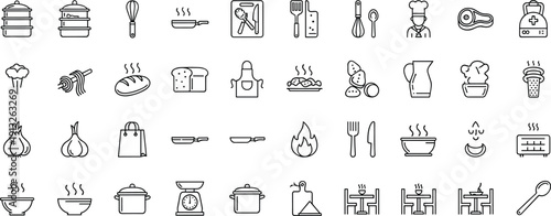 cooking, kitchen, food, utensils, chef, cookware, pan, knife, fork, spoon, pot, recipe, meal, baking, ingredients, restaurant, culinary, icon, illustration, vector