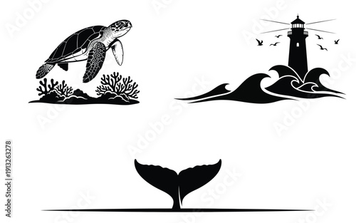 Black silhouette illustrations of a sea turtle lighthouse and whale tail