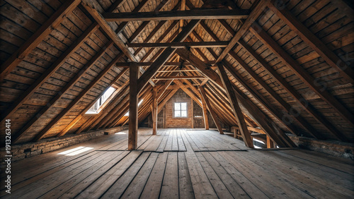 Фотография Abandoned attic with wooden beams and plank flooring in a state of disrepair