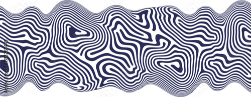 Abstract dark blue and white optical illusion background featuring wavy, undulating topographic lines creating a mesmerizing 3D distortion effect.