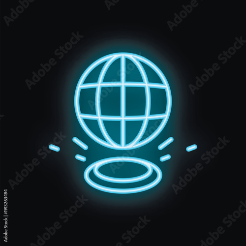 Blue neon globe icon is glowing on a black background, symbolizing global communication and interconnectedness