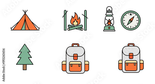 Camping trip preparation icons featuring tent, campfire, compass, tree, and backpacks