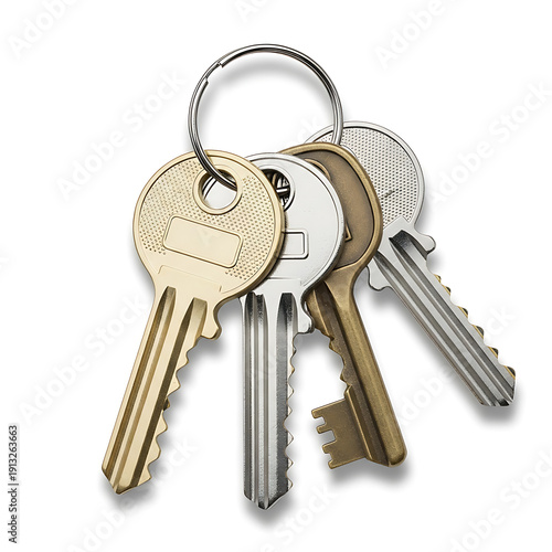 Set of four metal keys on ring isolated on white background surface