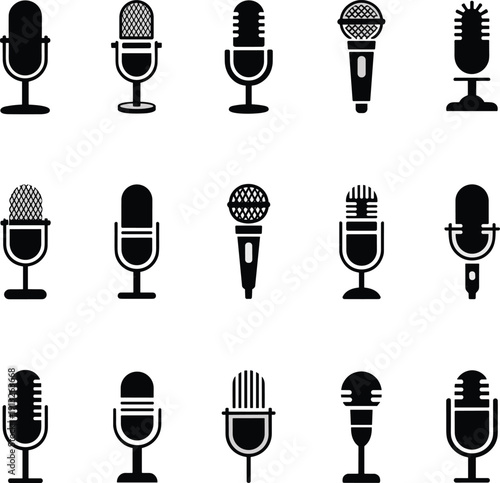 Extensive set of minimalist black and white microphone icons for podcasts and broadcasting.