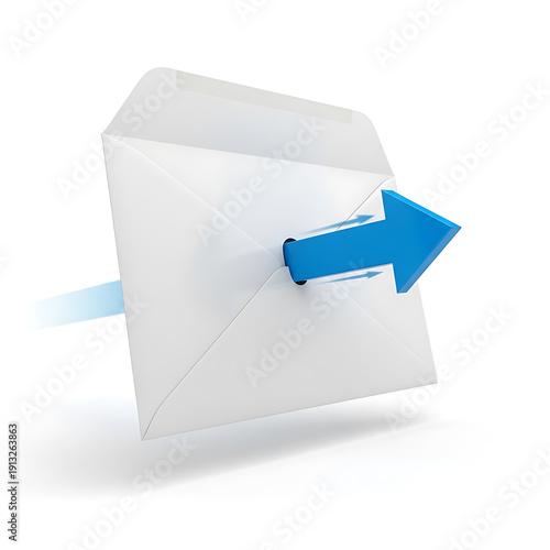 White envelope with blue arrow flying out fast mail delivery