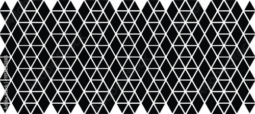 Striking minimalist black and white geometric pattern featuring an intricate seamless tessellation of alternating triangles and diamonds, ideal for contemporary wallpaper or digital backgrounds.