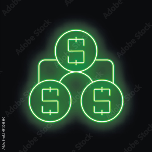Green neon icon of a business structure with three coins forming a pyramid on a black background