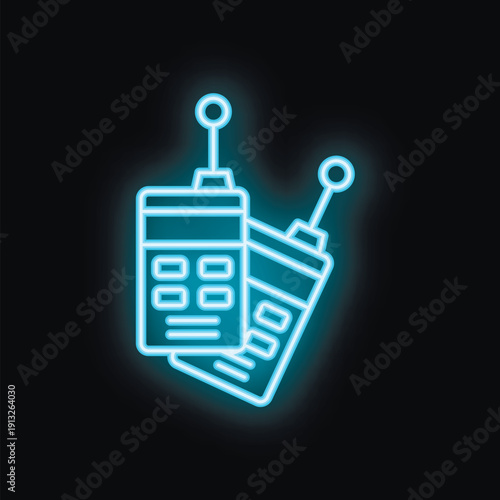Blue neon sign depicting two walkie talkies with antennas, useful icon for communication concept