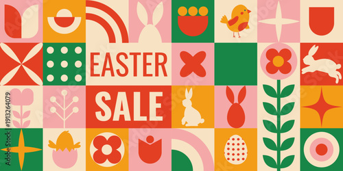 Easter banner seasonal discounts with cheerful illustrations and lively colors
