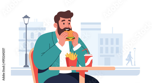 Modern flat vector illustration of plus-size man eating burger and fries at café table, showing fast food lifestyle, body diversity, and everyday urban dining concept