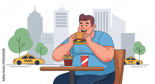 Modern flat vector illustration of plus-size man eating burger and fries at café table, showing fast food lifestyle, body diversity, and everyday urban dining concept
