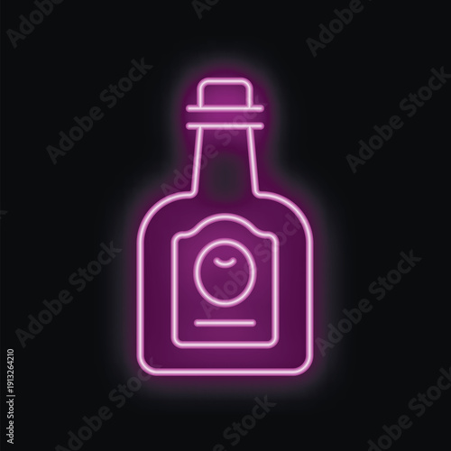 Purple neon sign glowing on a black background, depicting a bottle of liquor with a simple label