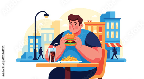 Modern flat vector illustration of plus-size man eating burger and fries at café table, showing fast food lifestyle, body diversity, and everyday urban dining concept