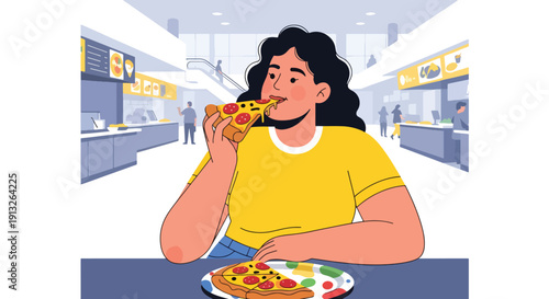 Flat vector illustration of plus-size woman enjoying pizza slice in food court, showing casual fast food habit, body positivity, and modern shopping lifestyle