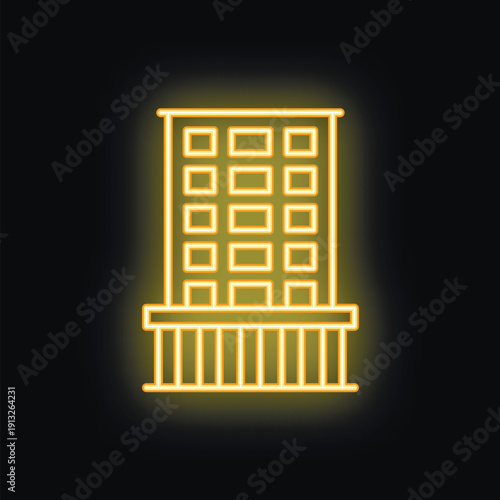 Neon icon of a multistory office building is glowing on a dark background