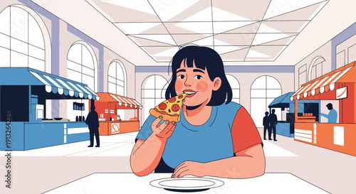 Flat vector illustration of plus-size woman enjoying pizza slice in food court, showing casual fast food habit, body positivity, and modern shopping lifestyle