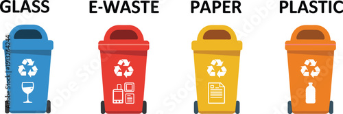 Recycling bins illustration showing glass e waste paper and plastic waste separation system promoting environmental protection sustainability and proper waste management concept