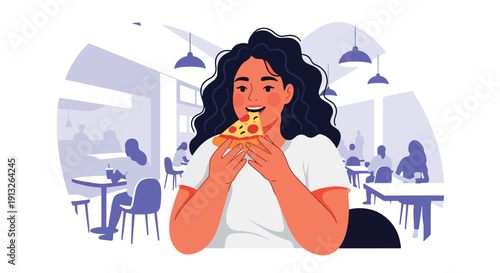 Flat vector illustration of plus-size woman enjoying pizza slice in food court, showing casual fast food habit, body positivity, and modern shopping lifestyle