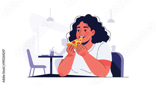 Flat vector illustration of plus-size woman enjoying pizza slice in food court, showing casual fast food habit, body positivity, and modern shopping lifestyle