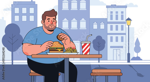 Modern flat vector illustration of plus-size man eating burger and fries at café table, showing fast food lifestyle, body diversity, and everyday urban dining concept