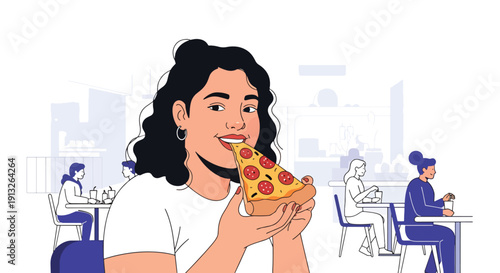 Flat vector illustration of plus-size woman enjoying pizza slice in food court, showing casual fast food habit, body positivity, and modern shopping lifestyle