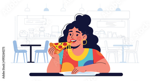 Flat vector illustration of plus-size woman enjoying pizza slice in food court, showing casual fast food habit, body positivity, and modern shopping lifestyle